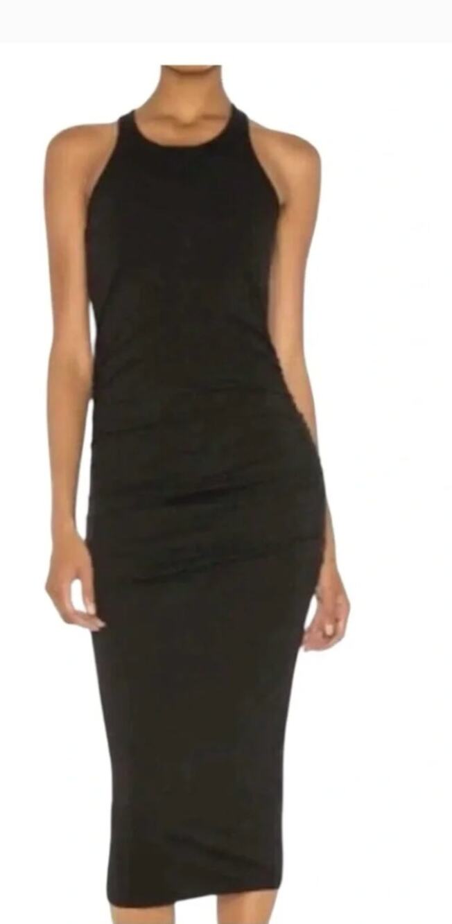 Michael Stars Black Racerback Fitted Midi Dress Ruched Sides SMALL